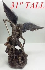 LARGE 31"  St Michael Archangel Tramples Demon Statue Bronze Finish