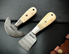 Handmade Leather Cutter, Damascus Steel Knife, Bone Handle, Leather Sheath