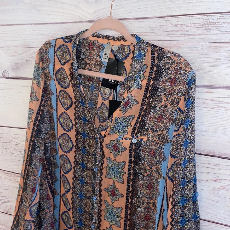 Kut From The Kloth Womens Blouse Blue Pink Medallion Print Button Up Roll Tab - Image 3 of 4