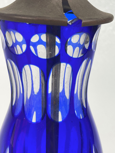 Antique Bohemian Cobalt Blue cut to clear crystal 7 ½” tall vase lamp conversion - Picture 6 of 11