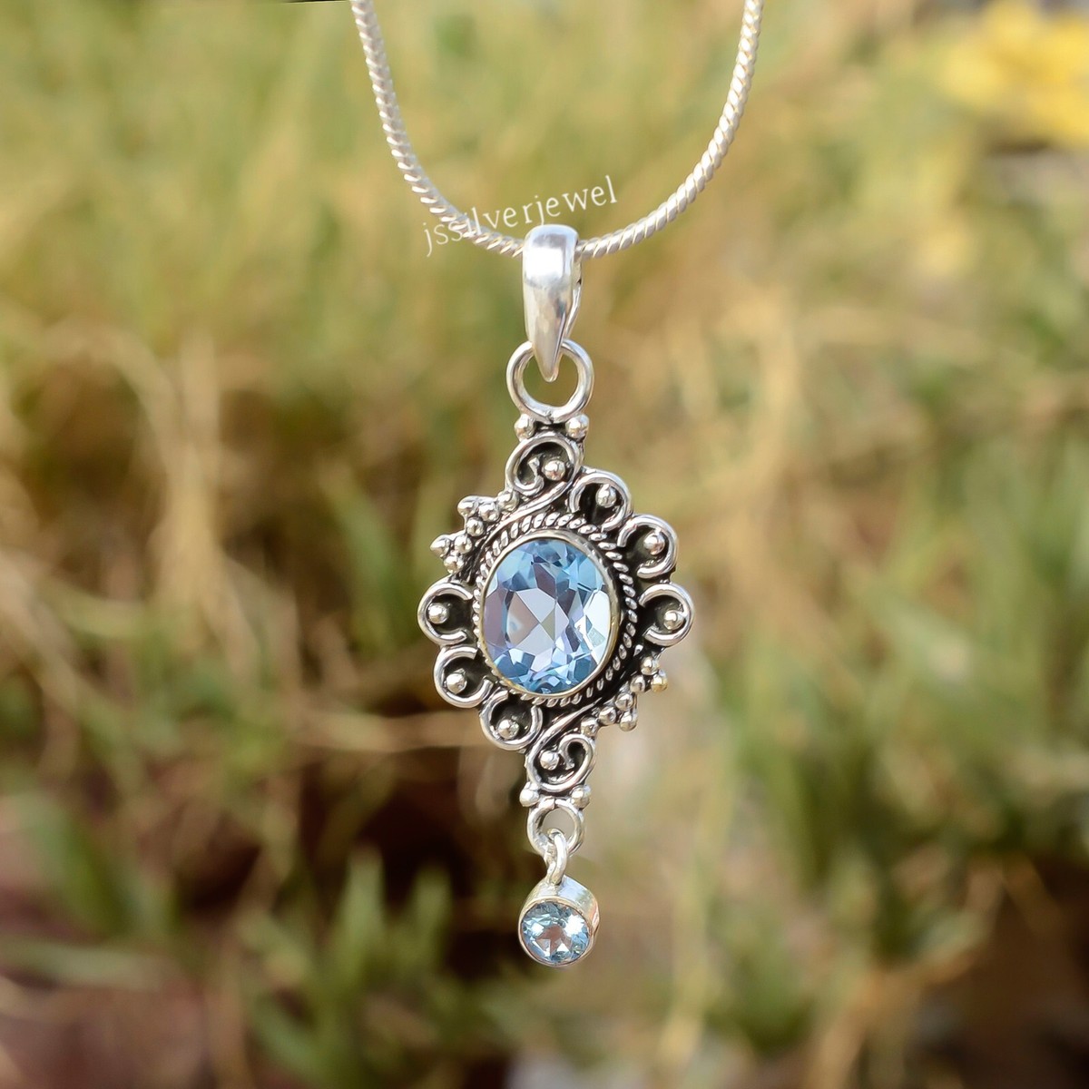 Blue Topaz Gemstone 925 Sterling Silver Vintage Necklace