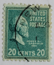 US POSTAGE ~ James A. Garfield ~ Green 20₵ Stamp ~ Cancelled/Posted ~ c.1938 -29