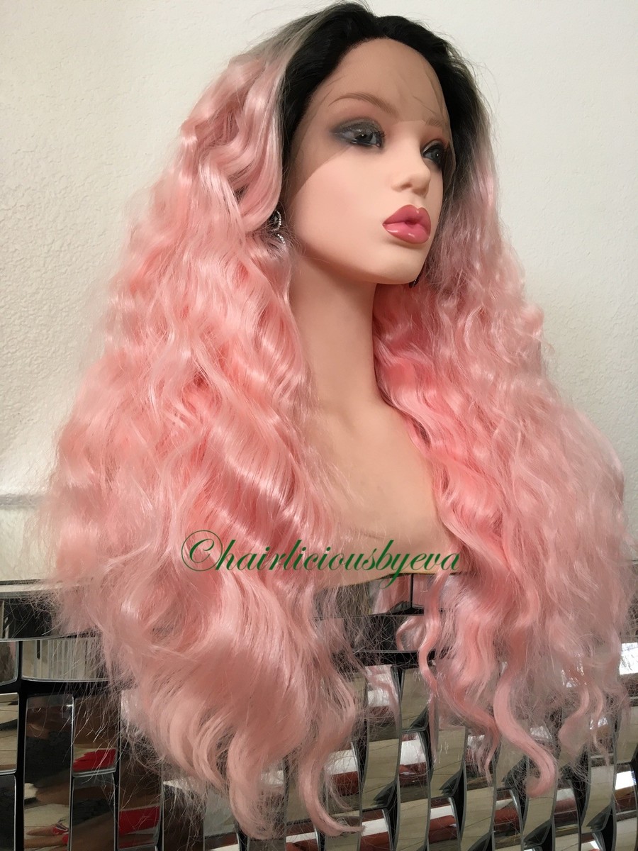 Pink Wig Lace Front Long Ombré Dark Roots Wavy Swiss Lace  display picture 2