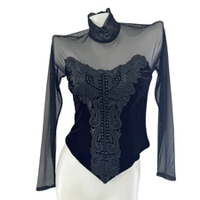 90s vtg CACHE Mall Goth Fishnet VELVET Burnout Beaded Whimsigoth Corset Top S