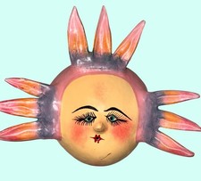 Hand Painted Ceramic Sun Wall Art Mask 9 Inches Rustic Folk Decor