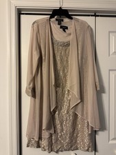 R  M Richards Champagne Beaded Floral Lace 2-Piece Dress  Sheer Jacket Set