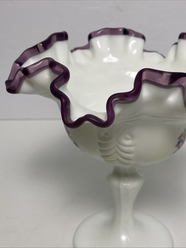 Fenton Purple Amethyst Milk Glass Flower Compote Ruffled Hand Painted Glass - Picture 7 of 11