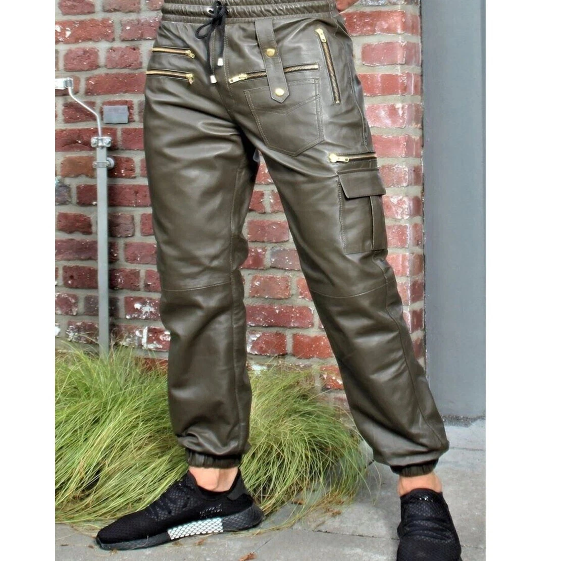 Men's Green Trousers Leather Joggers Genuine Leather Casual Track Pants