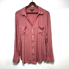 Style & Co Pink Blouse Button Up Casual Long Sleeve Solid Pockets Collared Women