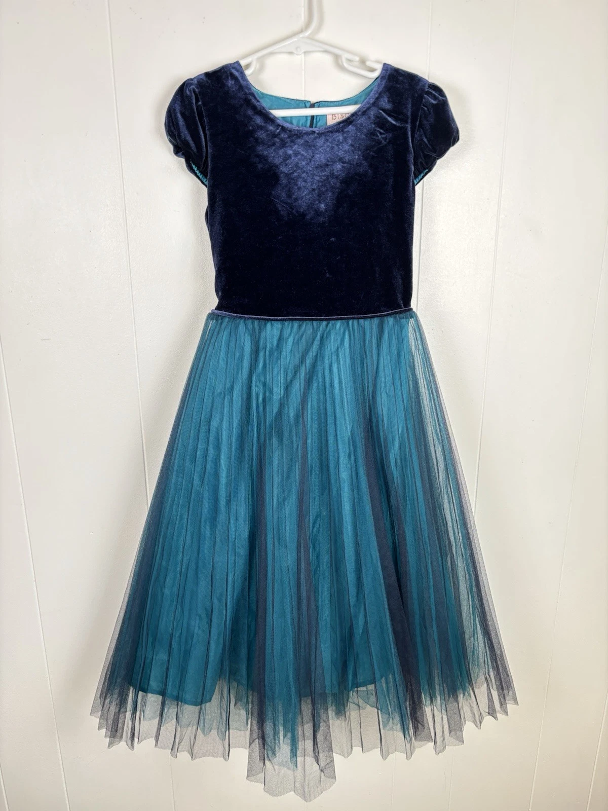 Biscotti Navy Blue Velvet Turquoise Tulle Formal Dress Girls Size 8 Flower Girl