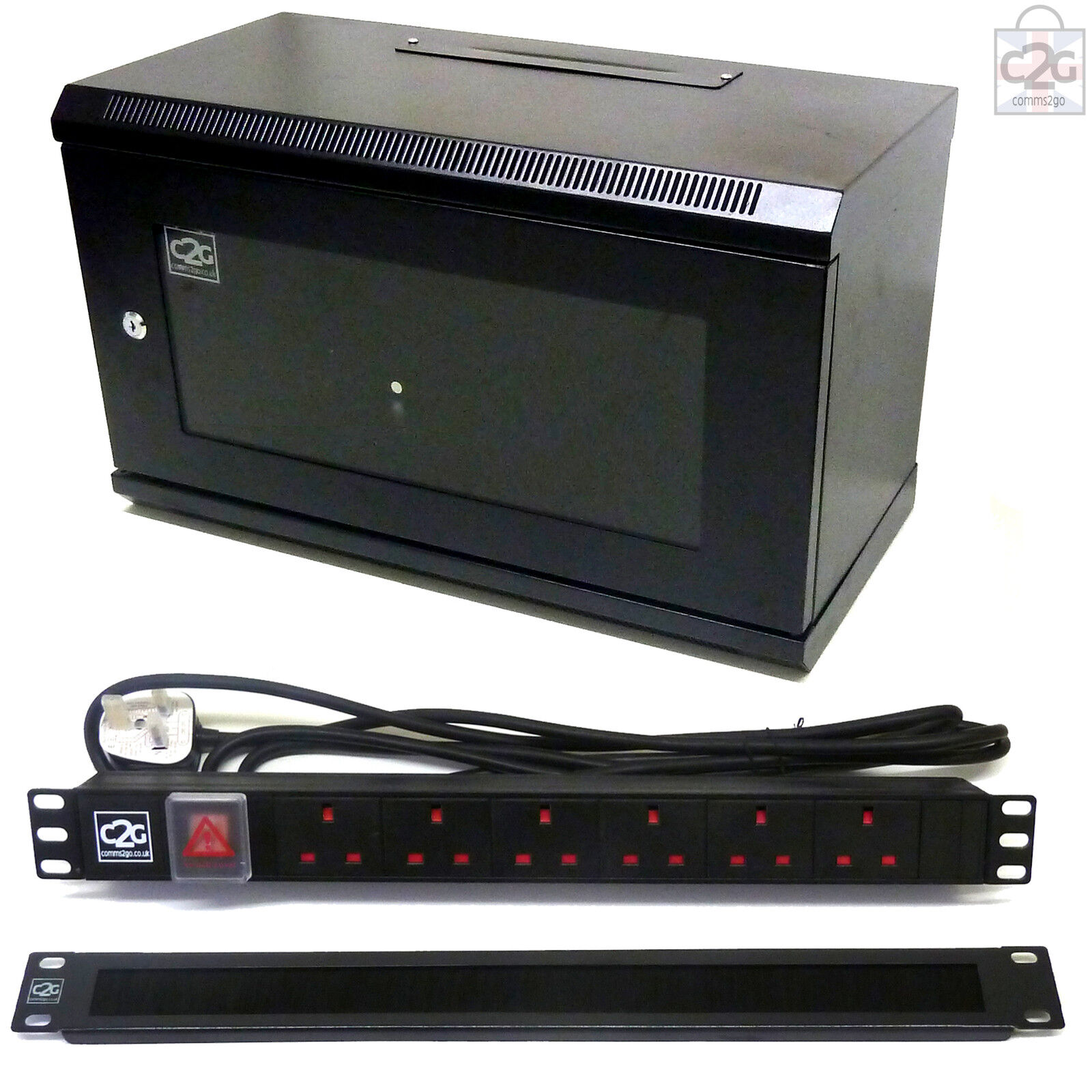 6U Black 450mm Data Cabinet + 6 Way Power Unit Brush Tidy Bar Network Comms Rack