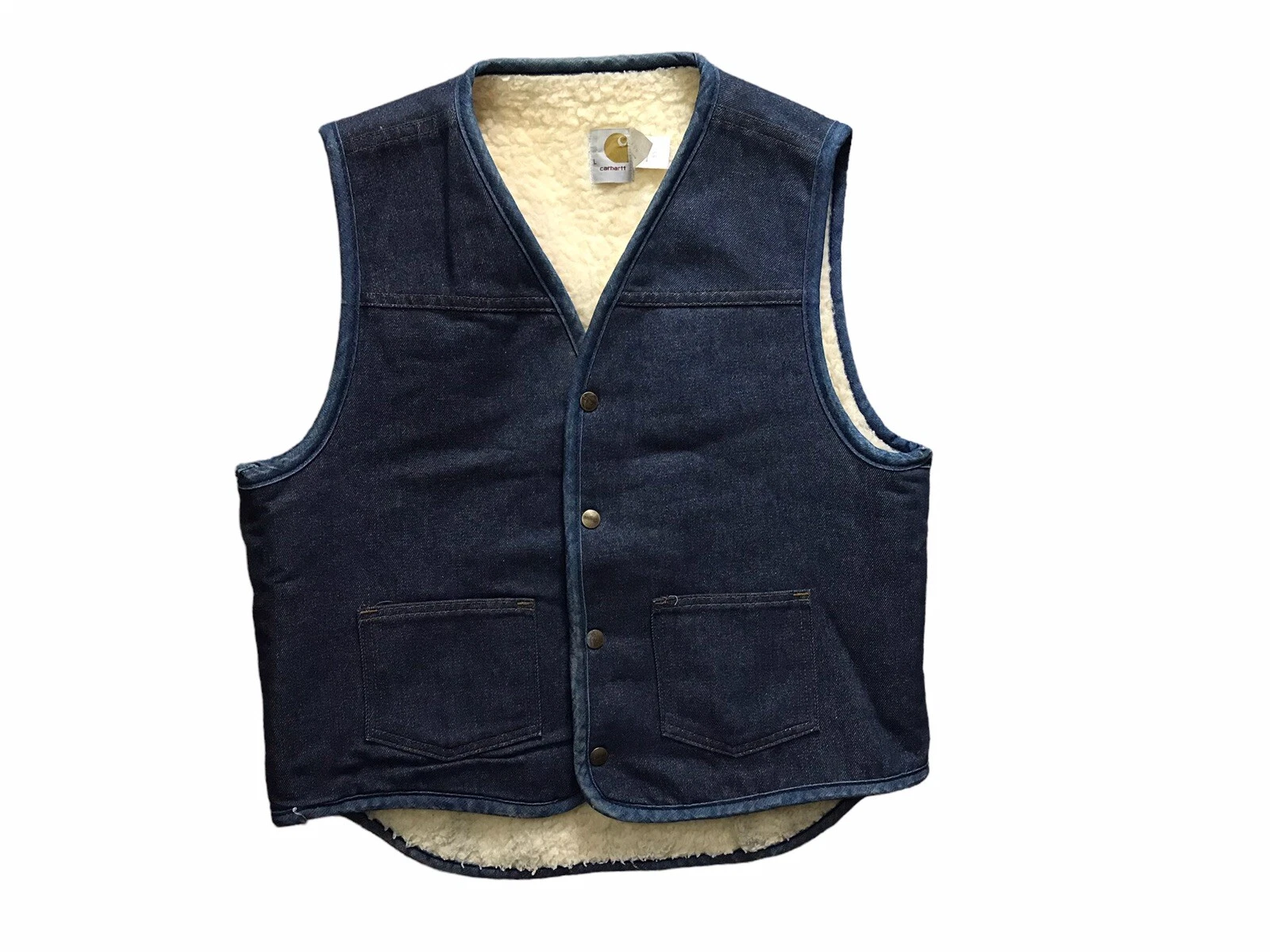 VTG Carhartt Denim Sherpa Lined Snap Vest 8SV Denim USA Workwear - Size Large