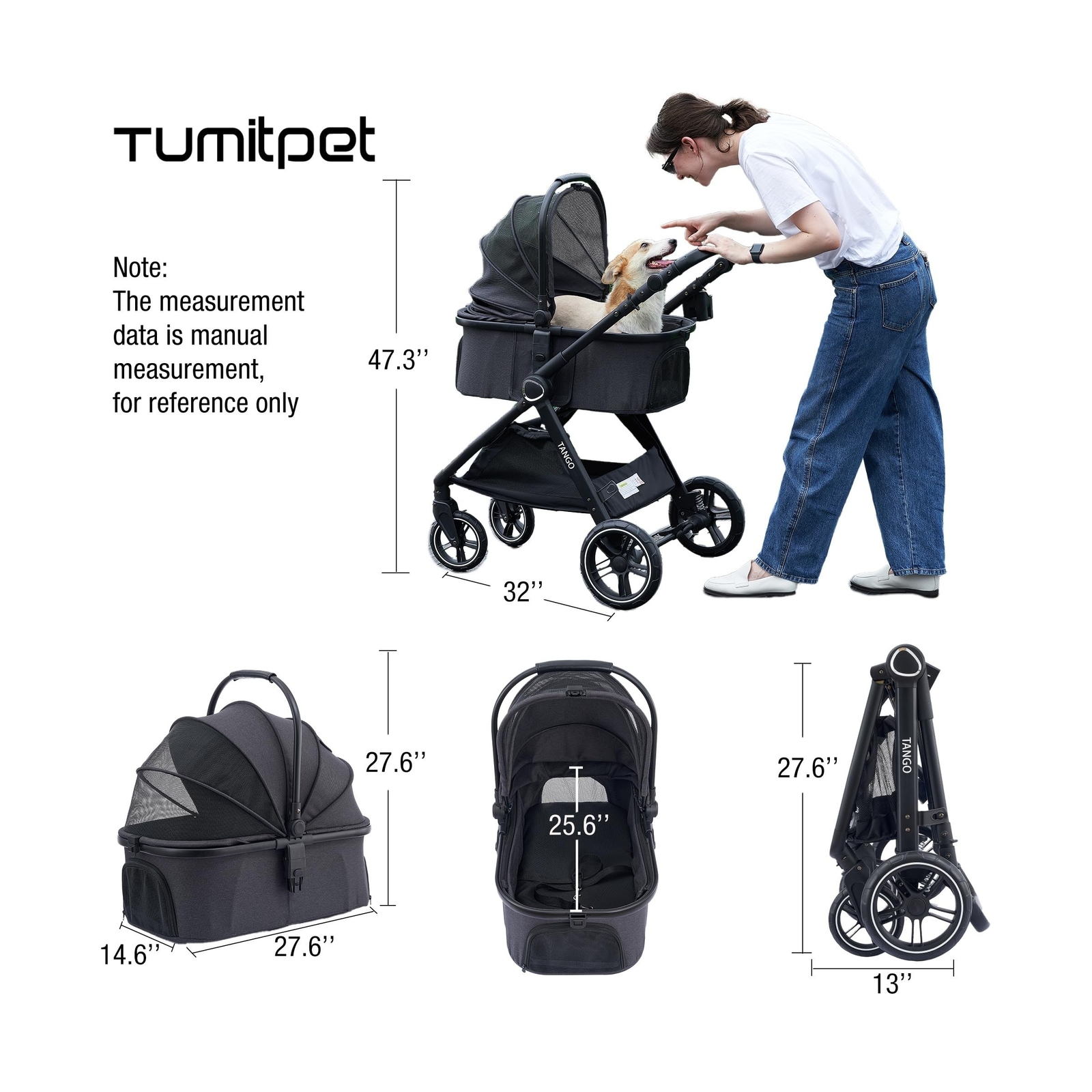 Tango Pet Stroller, 3 in 1 Dog Stroller for Small Medium Dogs Cats Stroller w...