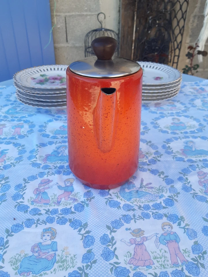 cafetiere metal emaillé ancienne vintage orange tachetée - Photo 2/4