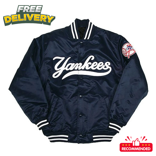 NY Yankees Vintage 90s Athletic Jacket Blue Satin Bomber Style Varsity