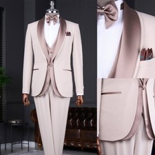 Men Suits Single Breasted Slim Fit Formal Satin Silk Shawl Lapel Tuxedos Groom