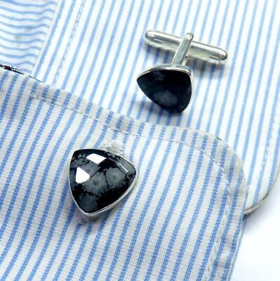 Snowflake Obsidian Cufflinks, Silver Cufflinks, Groomsmen Cufflinks