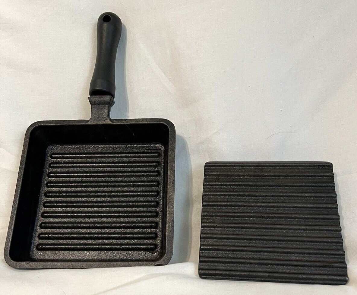 Vintage Mini Cast Iron Panini Pan with Press 5.9" Square Black w