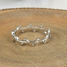 Olive Leaf Narrow Design 925 Fine Silver White Rhodium Plated Band Rings