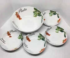 Hampton Home Pasta Serving Bowl & Individual Bowls (4) Tomatoes and Basil
