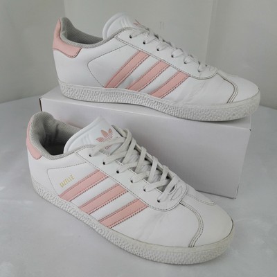 white adidas trainers with pink stripes