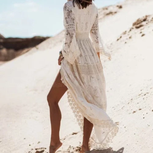 Women's Boho Maxi Lace V Neck Flare Sleeve Dress Summer Party Beach Sundress - Foto 3 di 8
