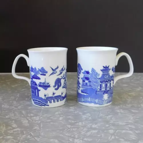 Vintage Roy Kirkham Old Willow Bone China mugs lot of 2 Blue & White Coffee Tea