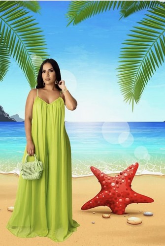 Slightly Kiss Green S Strap Chiffon Dress Loose Fit Lined Open Back Beach Party - Picture 5 of 24