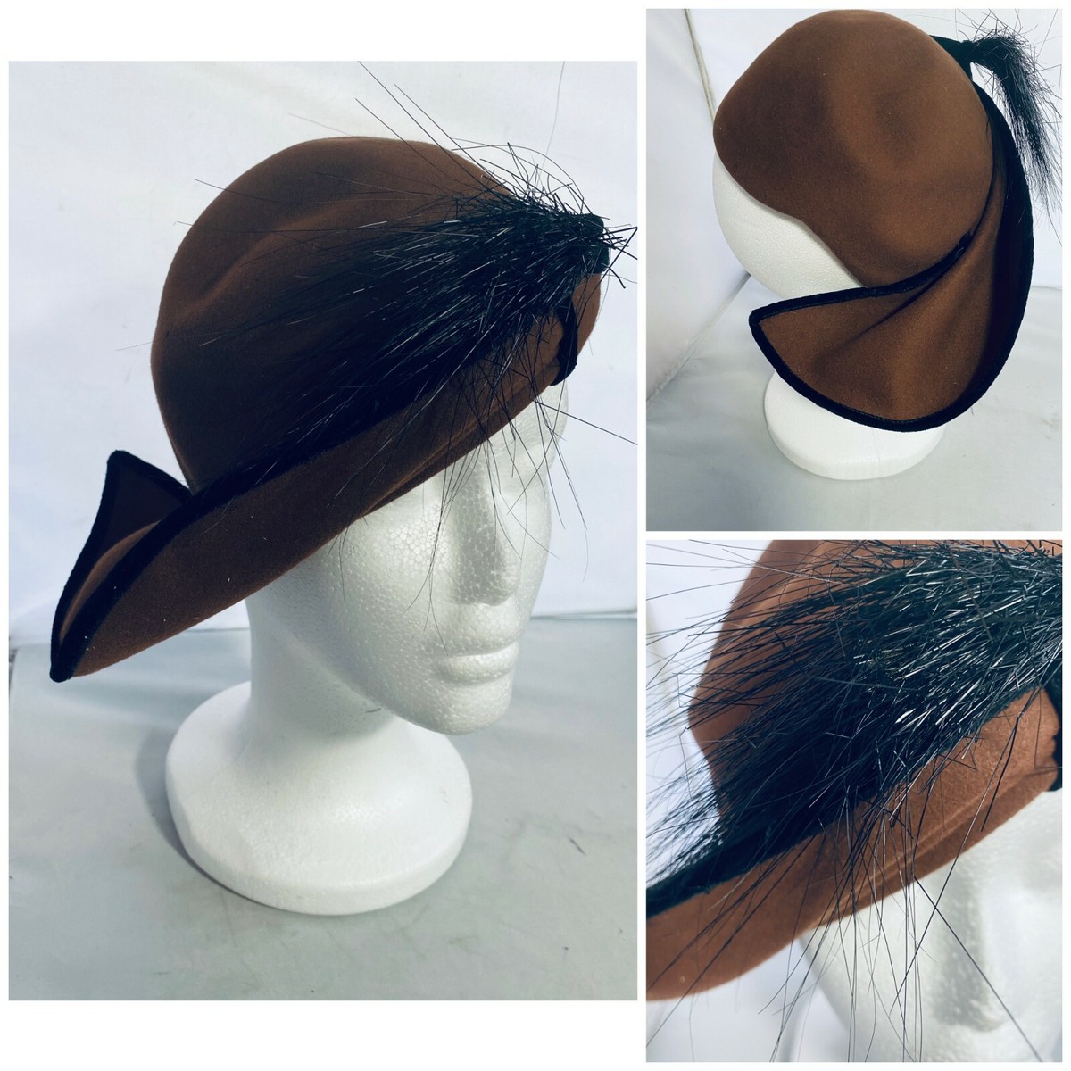Vintage felt hat with velvet trip. 1960s Navy Blue Sculptural Felt Hat | Velvet Ruffle Trim main image 3