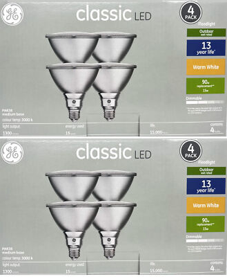 (8 bulbs) GE classic LED PAR38 Floodlight, 15 watt, 1300 lumen, warm white,