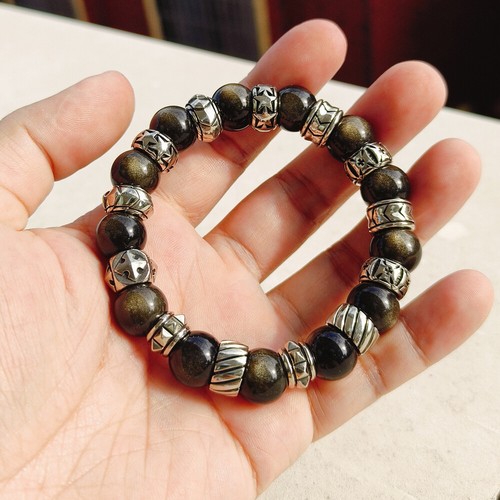 12mm Round Beads Gold Eye Obsidian Bracelet 925 Sterling Silver Accessory TA481D - Picture 18 of 19