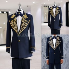 Men Gold Embroidered Suits Wedding Tuxedo Prom Party Formal Jacket Pants Set