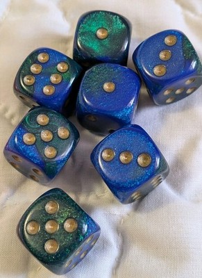 Chessex 26635 Gemini 16mm d6 Green-Blue/gold Dice (Qty 7) EUC