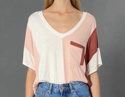 Moa Moa Woman Pink White Red Colorblock V-Neck Short Sleeve Pocket T-Shirt
