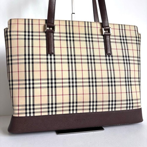 Burberry Nova Check Saffiano Leather Canvas Tote A4 Business Beige Authentic