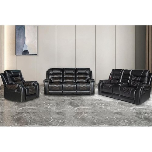 Pemberly Row PU Leather Manual Recliner Sofa Set 3 Pieces Living Room Set Black - Picture 3 of 8