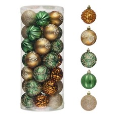 Christmas Ornaments Set, 35ct 2 Inches Green Brown and Gold Shatterproof Chri...