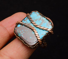 Turquoise Gemstone Copper Wire Wrapped Handmade Jewelry Ring Size 9