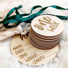 Wooden Milestone Cards and Discs 16pc Set for Baby Photos and First Year Mile...