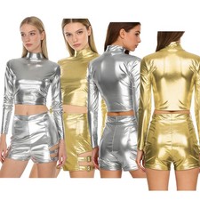 Womens Dancewear Musical Sets Costumes Outfit Festival Metallic 2 Piece Shiny