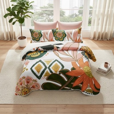 NEW Anthropologie King Floral Boho Reversible Quilt Bedspread Blanket Sham Set