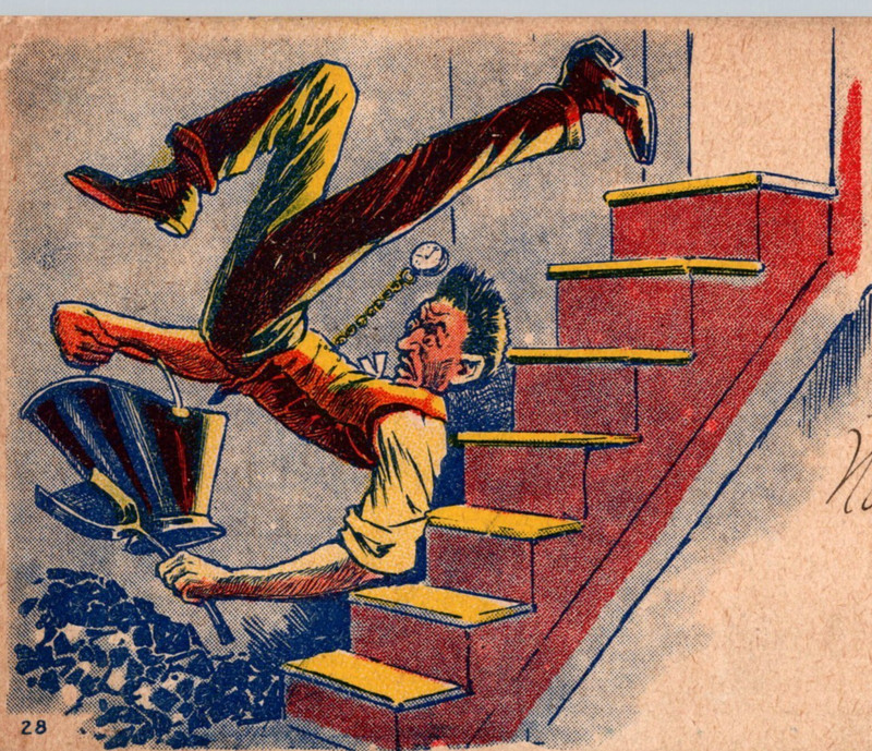 Man Falling Down Stairs Head Over Heels Coal Scuttle Shovel Pocket Watch ca1908