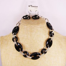 Silver Tone Black Hoops Necklace & Earring Set Fashion Costume Jewelry jxr5 New