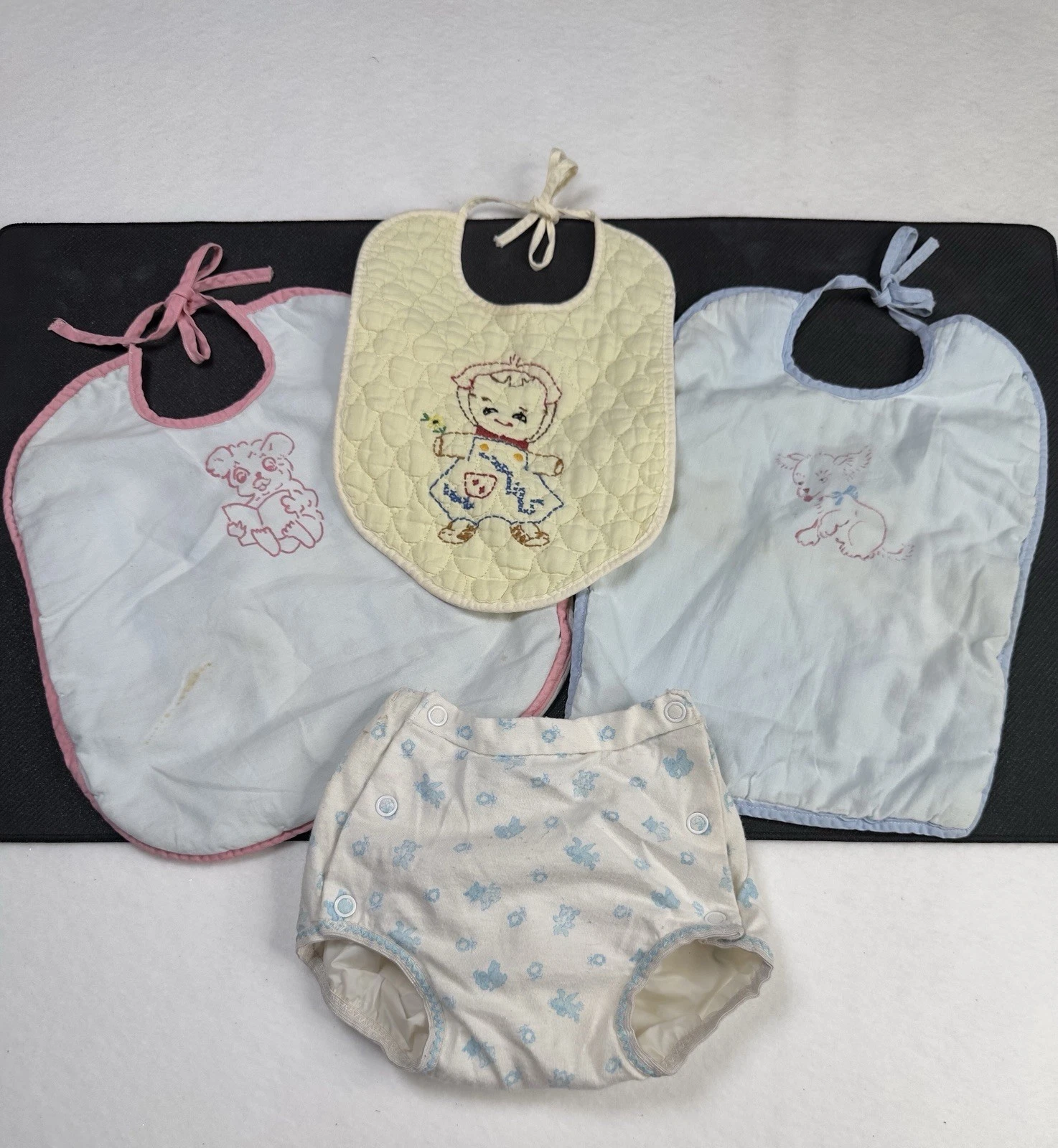 Vintage Baby Bibs and Diaper Cover Set Embroidered Animals Playtime
Opens in a new window or tab