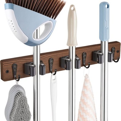 OUTNILI Mop Broom Holder Wall Mount with 3 Slots & 4 1 Pack, Brown-3 Grips