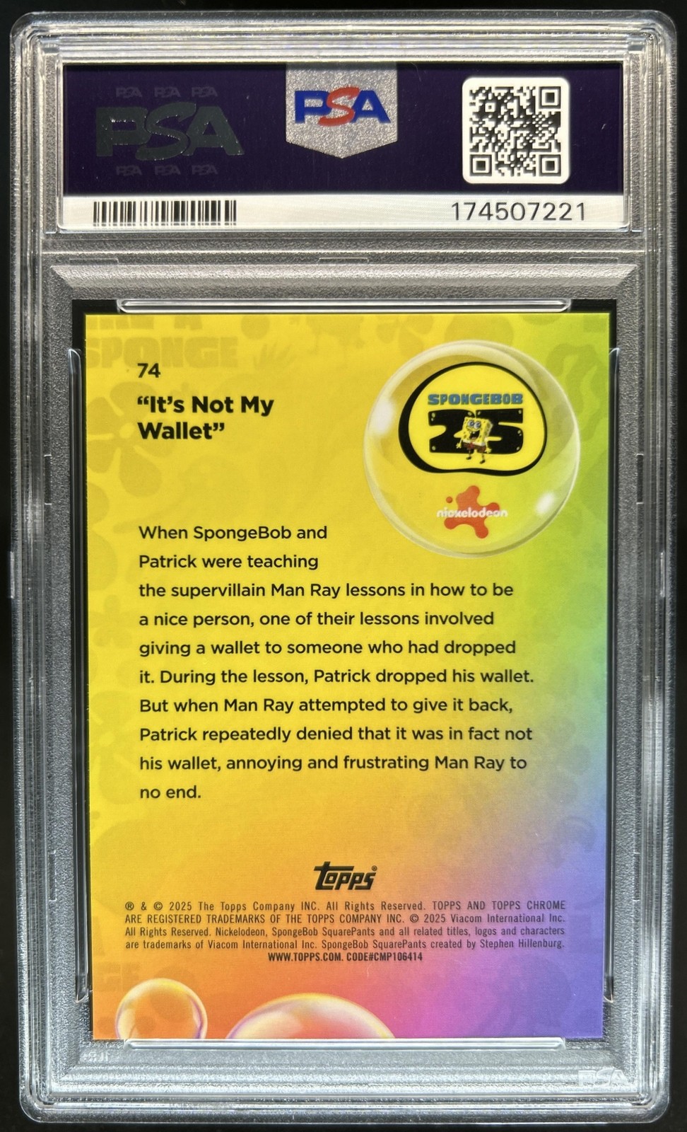2025 Topps Chrome SpongeBob It's Not My Wallet Night Shift Manager SP /25 PSA 10 view 2