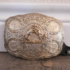 Large 5X6 Vtg. Crumrine Belt Buckle Heavy Silver Plate On Jewelers Bronze Horses