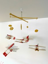 Hanging Airplane Nursery Mobile Red White Beige Wood Metal Fabric Kids