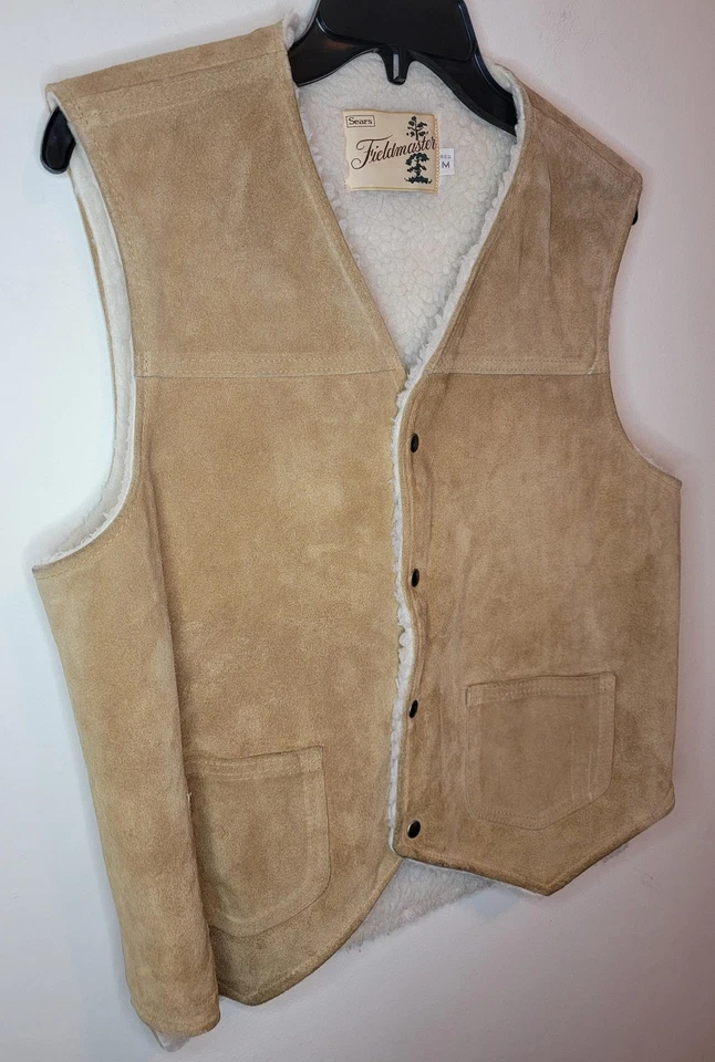 Vintage Sears Fieldmaster Vest Mens Medium Tan Suede Sherpa Lined Western 70s - Image 3 of 4
