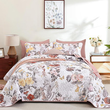 3 Pieces Quilt Set Queen Size, Pink Floral Reversible Bedspread Coverlet Set, So